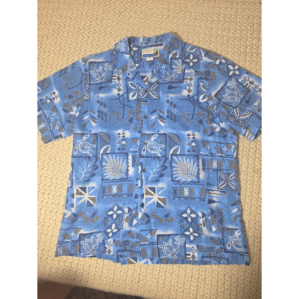 Makapuu Sportswear Hawaiian Shirt Mens XL Blue Excellent Tribal Turtle Print